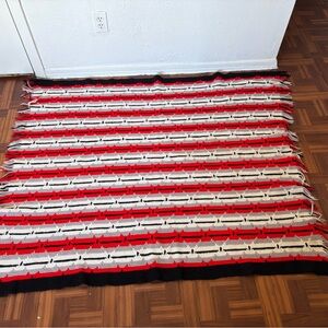 Vintage hand-knitted blanket, red, white, black and gray throw